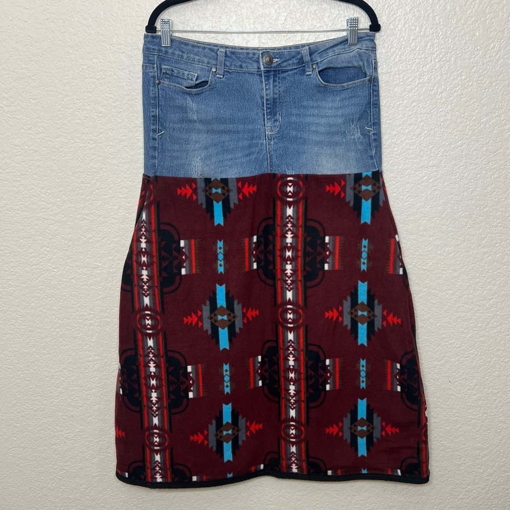 Handmade Denim Blanket Skirt Ankle Length Aztec Southwestern Print Size 15